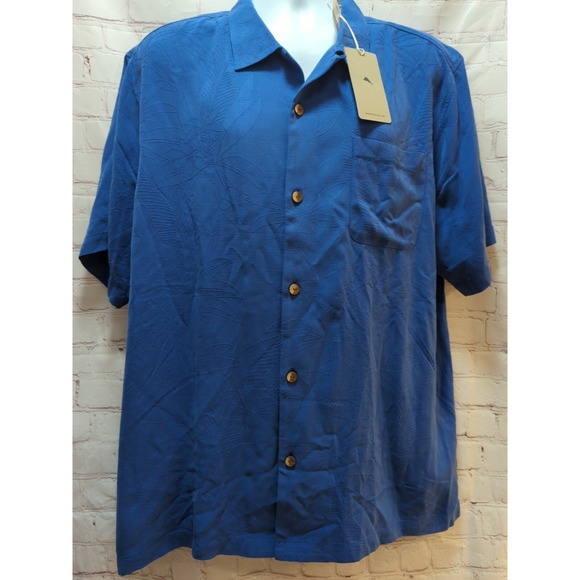 Tommy Bahama XL blue 100% silk button front camp shirt men's embossed tropical
